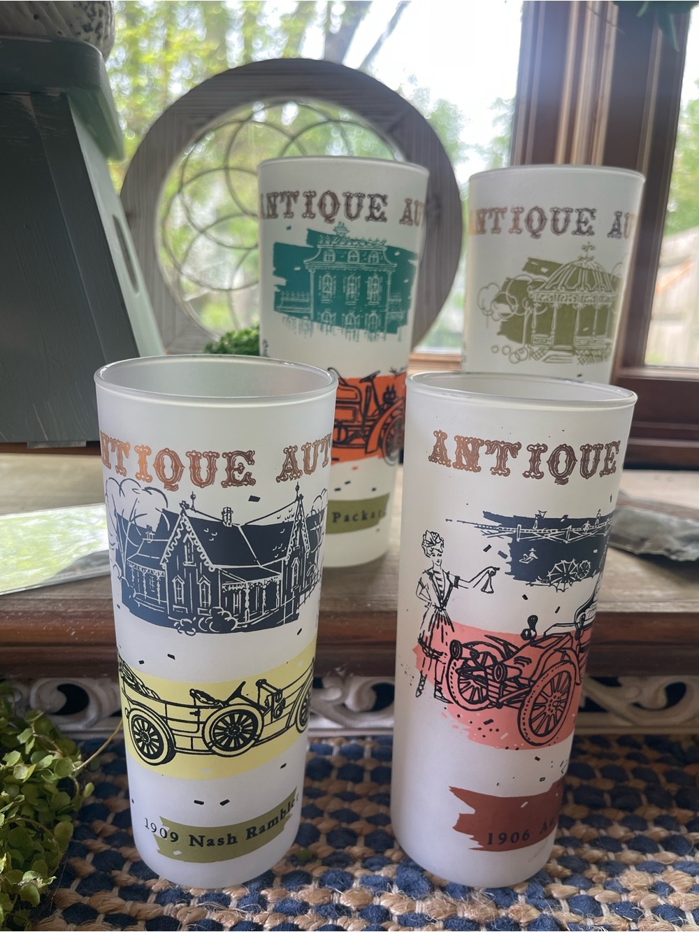 Vintage Anchor Hocking Antique Autos 15 oz. Frosted Glass Tumblers set of 4